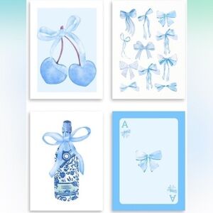Fetyiu Preppy Blue Cherry Bow Wall Art Canvas Posters Set of 4 Light Blue Trendy